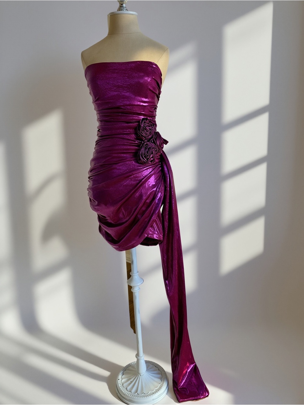 Metallic Fuchsia Strapless Mini Dress with Draped Sash